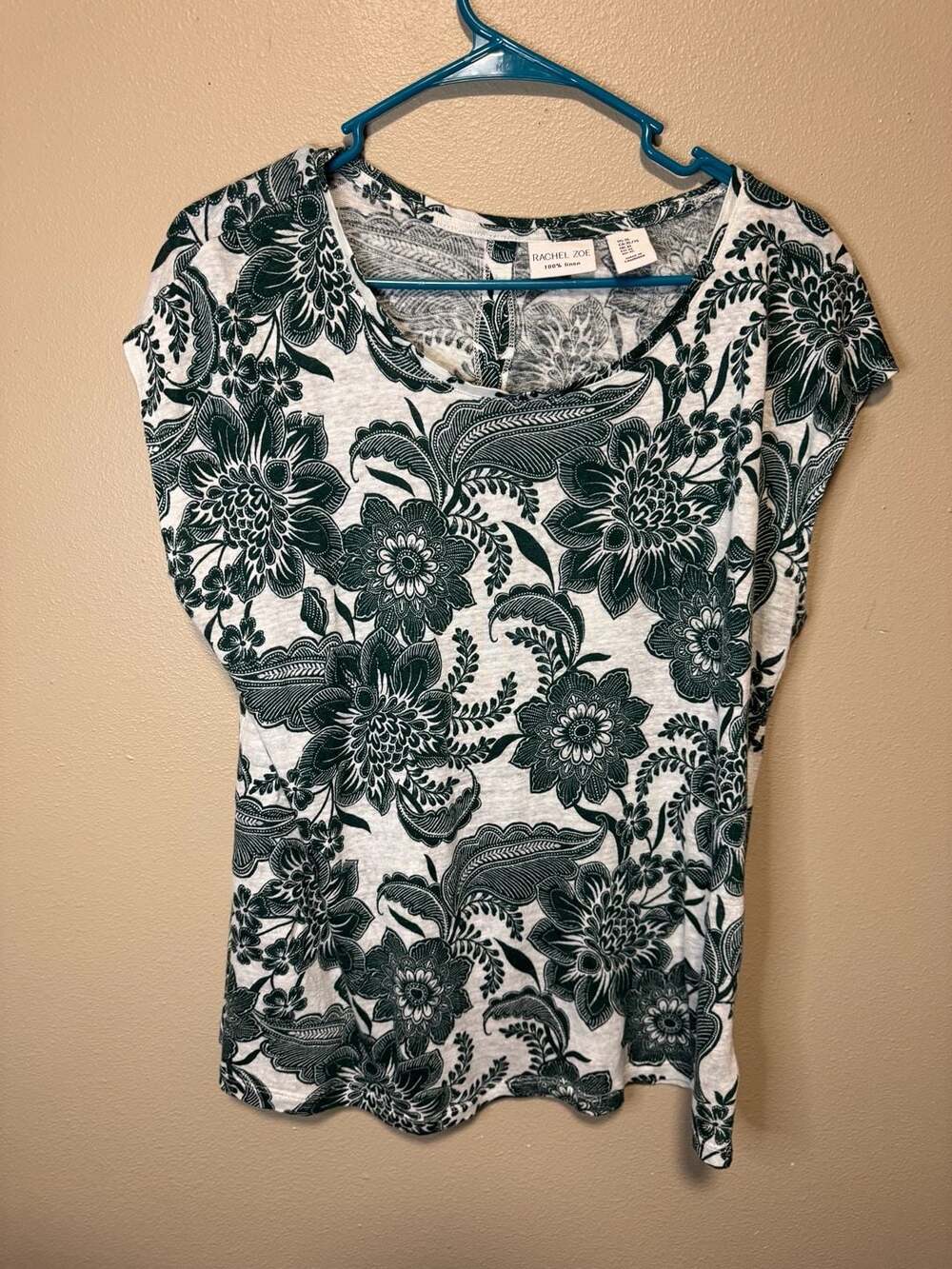 Rachel Zoe Floral Top Size XL Green White 100% Linen